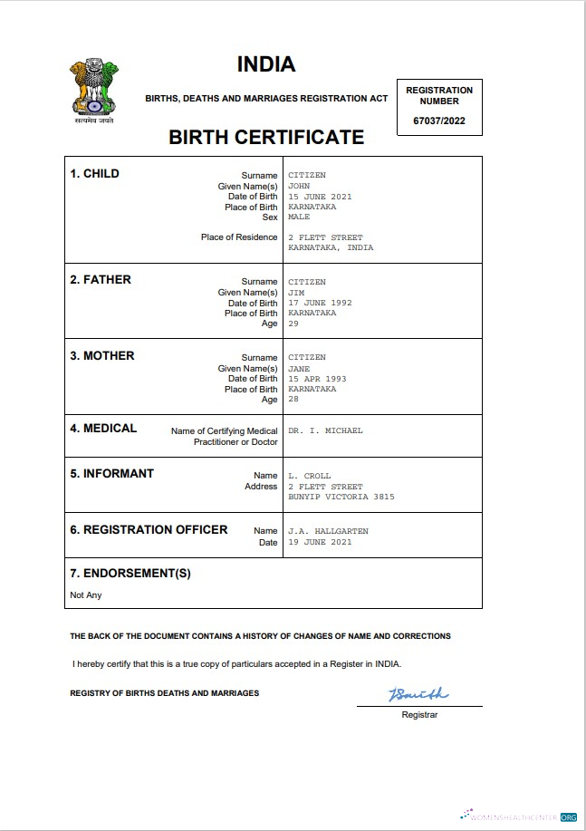 Download India vital record birth certificate Word and PDF template, Photoshop template